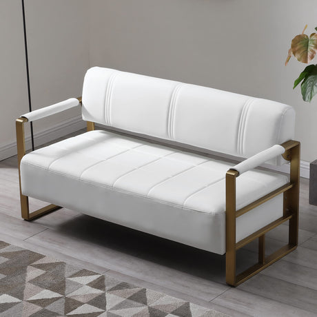 PBOGHLRD 57.9" Modern Leather Loveseat Sofa, Upholstery Faux Bonded Leather Accent Futon Couch with Metal Square Arms for Living Room, Office, Apartment (White) PBOGHLRD