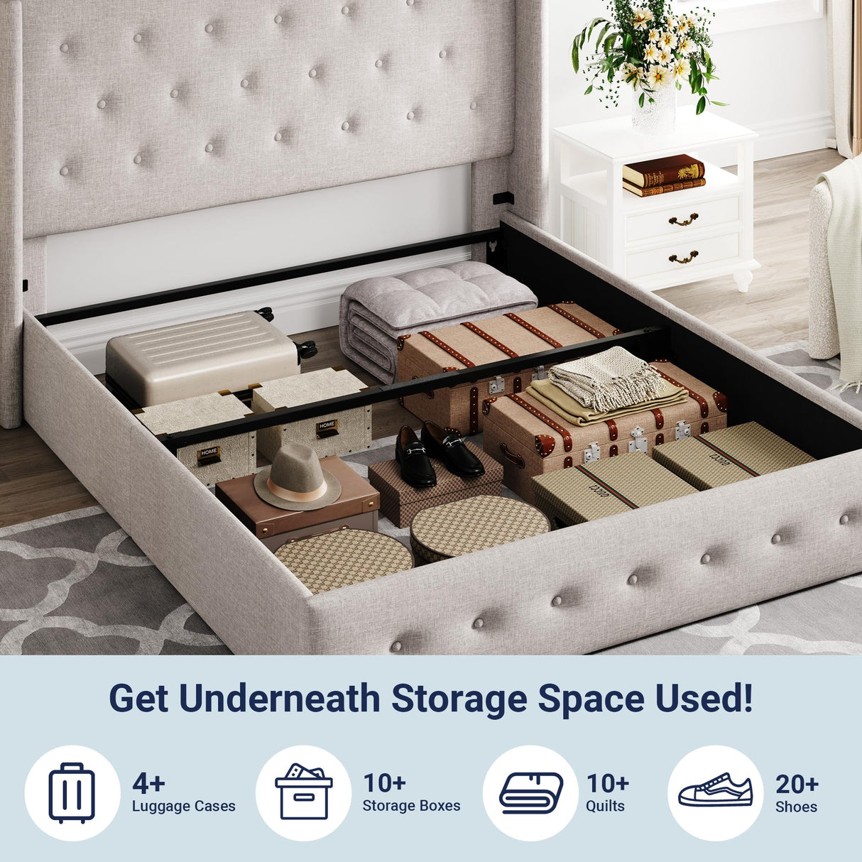 Allewie Queen Size Lift Up Storage Bed, Button Tufted Headboard with Wingback, Hydraulic Support, No Box Spring Needed, Light Beige Allewie