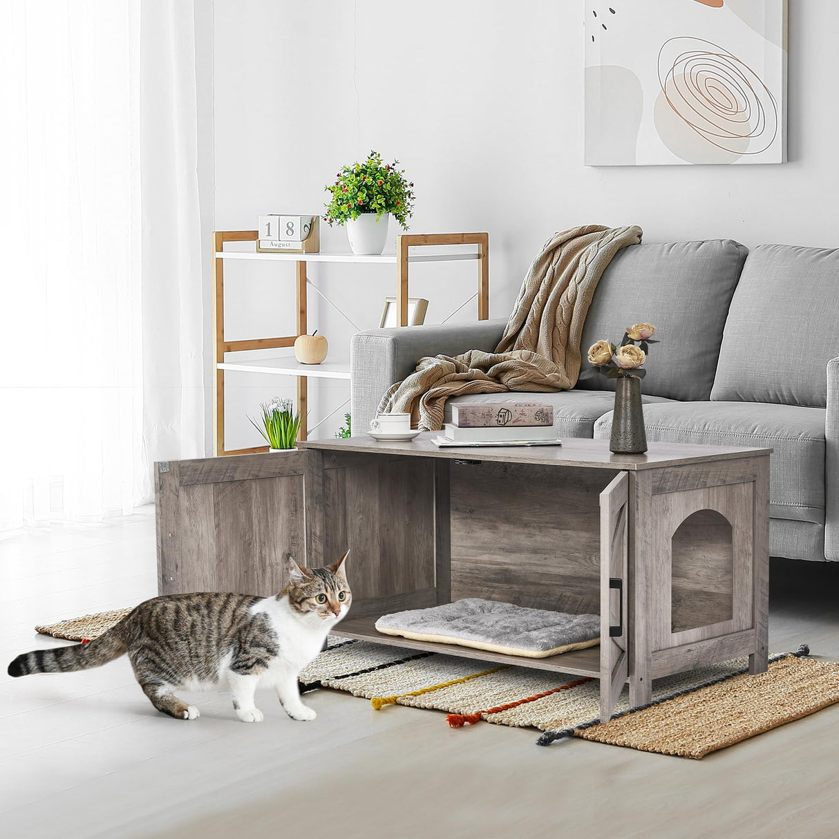 Homhedy 39.4" L Cat Litter Box Enclosure,Litter Box Furniture Hidden with Barn Door,Wooden Cat Washroom Furniture,Cat House,Fit Most of Litter Box, Greige Homhedy