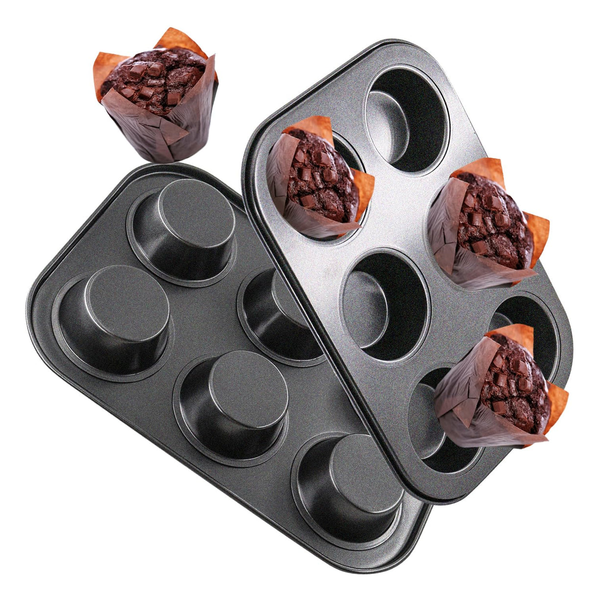 DRAONGYE 2 Packs Round Muffin Baking Pan, Premium Steel Muffin Pan for Baking, Cupcake Tin Cheesecake Pans, Bakeware Muffin Top Pan (6 Cups,Black) DRAONGYE