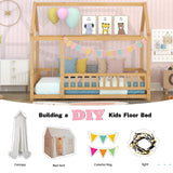 Bellemave Wooden Montessori Twin Size House Bed with Fence and Roof for Kids - Playhouse Frame in Natural Finish Bellemave