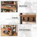 LITTLE TREE Kitchen Baker’s Rack with Power Outlets, Freestanding 5-Tier Microwave Stand with Drawers & Sliding Shelves, Coffee Bar with 6 Hooks for Dining Room Living Room, Rustic Brown LITTLE TREE