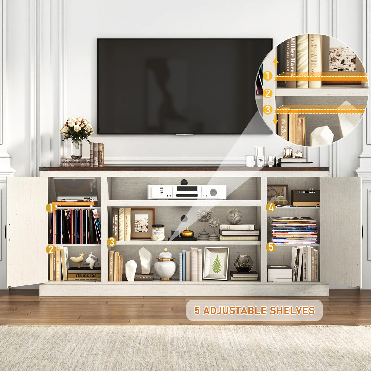 Hlivelood 75" Farmhouse TV Stand with Power Outlets for 85 Inch TVs, 33" Tall Entertainment Center with Storage Cabinets w/Adjustable Shelves, Rustic Large TV Media Console, Rustic White Hlivelood