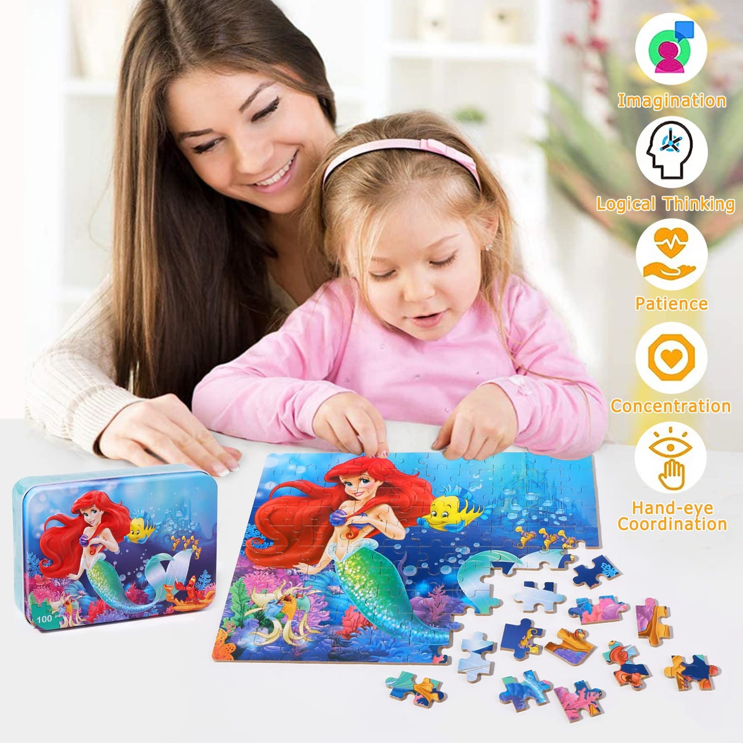 LELEMON Pretty Puzzles for Kids Ages 4-8,100 Piece Puzzles for Kids,Educational Kids Puzzles Jigsaw Puzzles in a Metal Box,Childrens Puzzles 100 Piece Puzzle Games Puzzle Toys for Girls and Boys