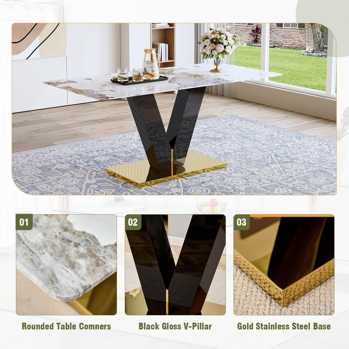 CGHIJDM 71'' Dining Table Set for 6,Modern Dining Room Table Set for 6,Marble Dining Table with 6 PU Leather Dining Chairs,Gold Dining Room Table with Glossy V-Shaped Base Ideal for Kitchen CGHIJDM