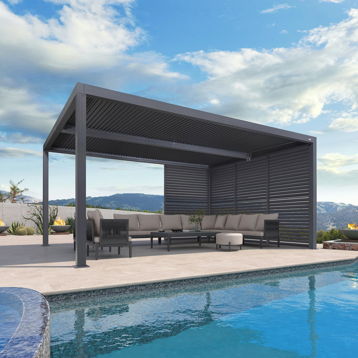 PURPLE LEAF Louvered Pergola 94AS 12' x 16' Outdoor Aluminum Pergola with Fixed Shutter Wall Adjustable Roof for Deck Backyard Grey Hardtop Gazebo, 1/4 Long Side and 1 Short Side PURPLE LEAF