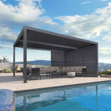 PURPLE LEAF Louvered Pergola 94AS 12' x 16' Outdoor Aluminum Pergola with Fixed Shutter Wall Adjustable Roof for Deck Backyard Grey Hardtop Gazebo, 1/4 Long Side and 1 Short Side PURPLE LEAF