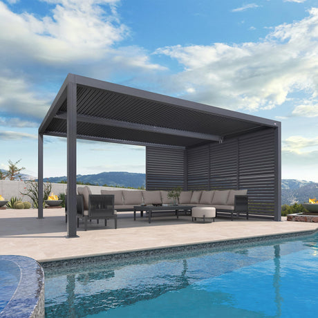 PURPLE LEAF Louvered Pergola 94AS 12' x 16' Outdoor Aluminum Pergola with Fixed Shutter Wall Adjustable Roof for Deck Backyard Grey Hardtop Gazebo, 1/4 Long Side and 1 Short Side PURPLE LEAF