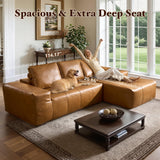 114" Boneless Couches for Living Room, Brown Faux Leather Cloud Sectional Couches with Chaise, Deep Seat L Shaped Modular Sofa, No Assembly Required Sofas in a Box (Right,Faux Leather,Brown) weaxty W