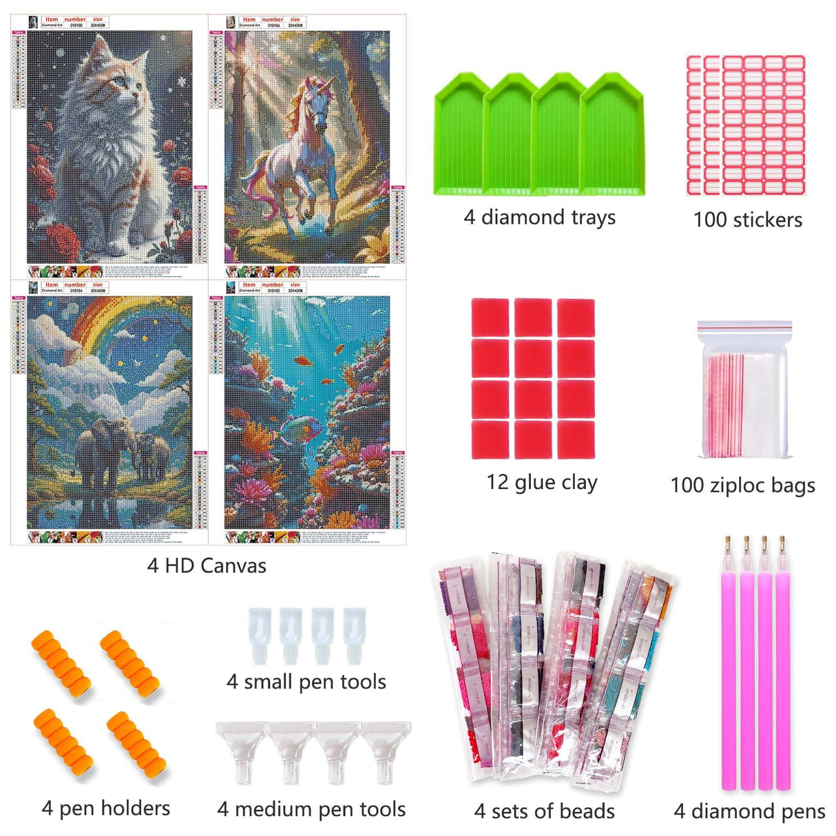 4 Pack 5D Diamond Art Kits for Adults-Premium Canvas Without Creases-Easy Diamond Painting Kits for Adults-Cats,Elephants,Tropical Fish,Unicorns,Themes for DIY Craft and Home Decor.A001 Vibeascomfotaler