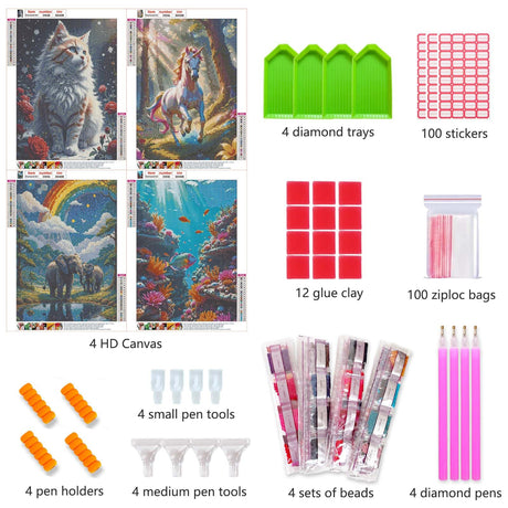 4 Pack 5D Diamond Art Kits for Adults-Premium Canvas Without Creases-Easy Diamond Painting Kits for Adults-Cats,Elephants,Tropical Fish,Unicorns,Themes for DIY Craft and Home Decor.A001 Vibeascomfotaler