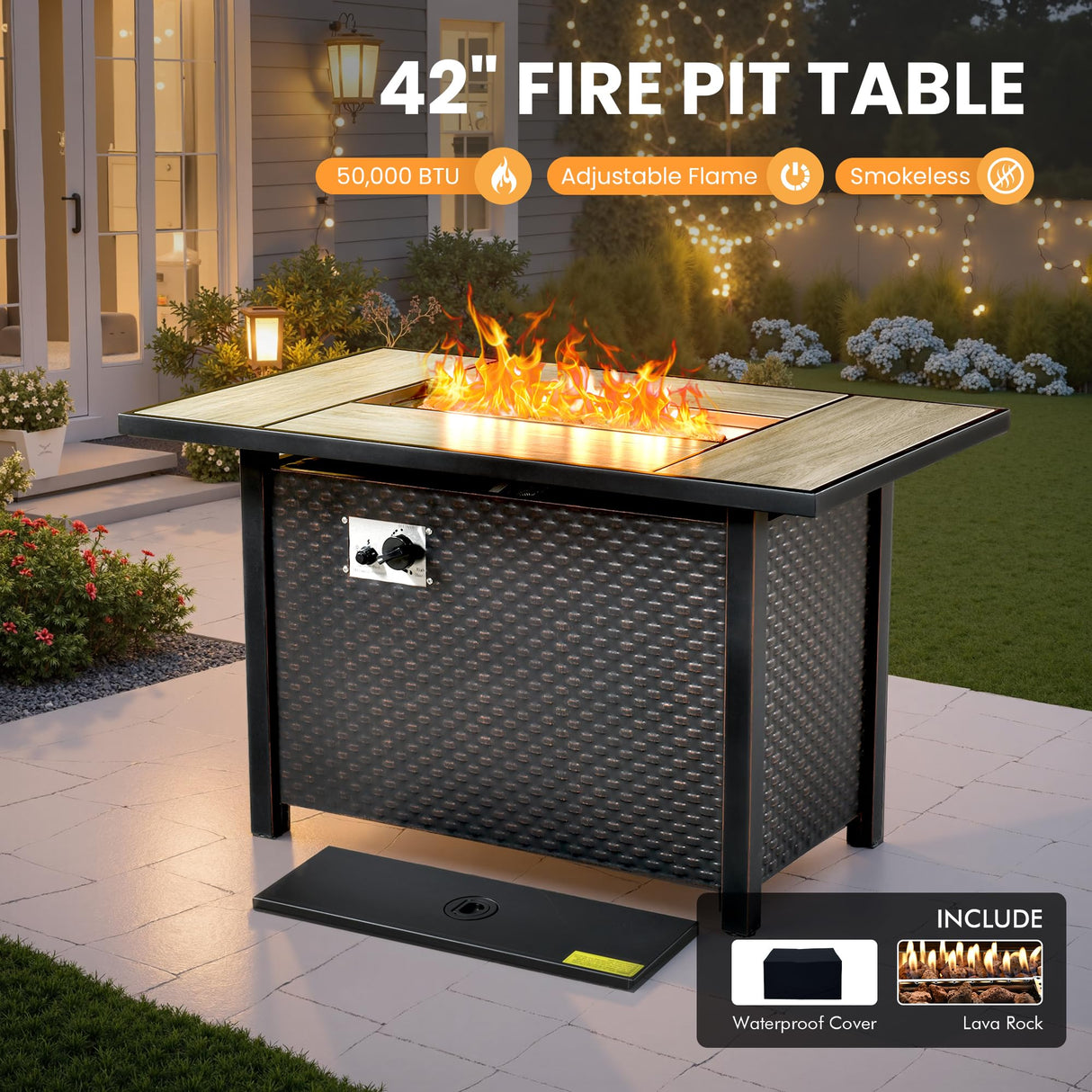Outdoor Sectional Patio Furniture Set with Fire Pit Table and Glowing Table,6 Pieces Wicker Conversation Sets L Shaped Couch Out Door Sofa Set Outside Furniture for Garden Deck Yard,Black POUUIN