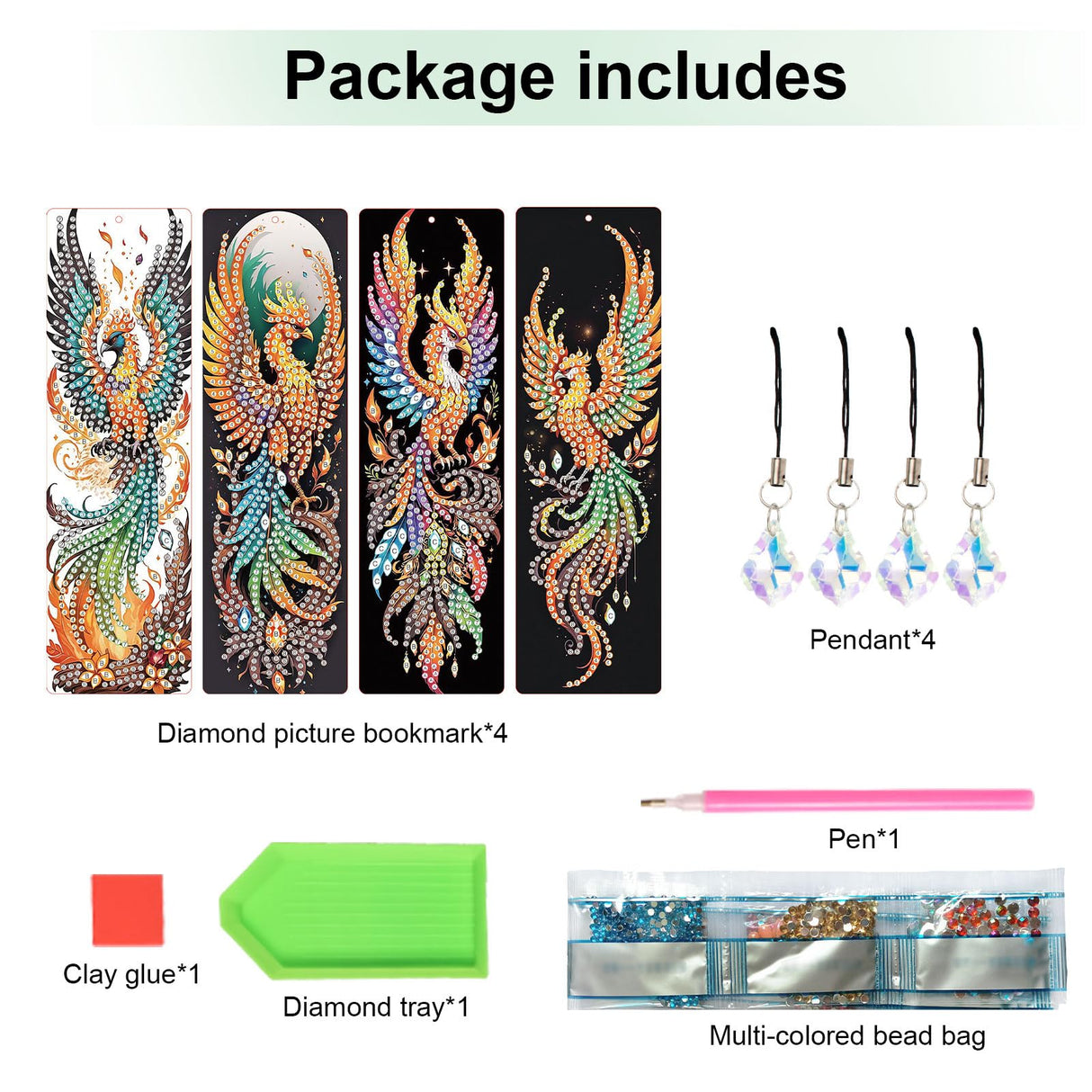 4 Pack Diamond Painting Bookmark Kits of Phoenix, Special Shaped Diamond Art Bookmarks with Pendant, DIY Handmade Crafts Home Office Supplies Reading Bookmark, Perfect Gift for Book Lovers Focart