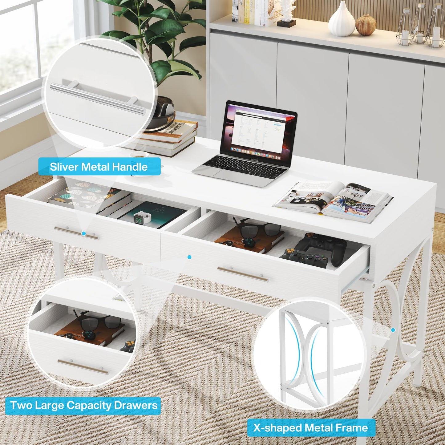 Tribesigns Modern Computer Desk with 2 Drawers, 41 Inches Study Writing Office Desk for Home Office, Bedroom, Makeup Vanity Table Desk with Metal Frame, White - WoodArtSupply