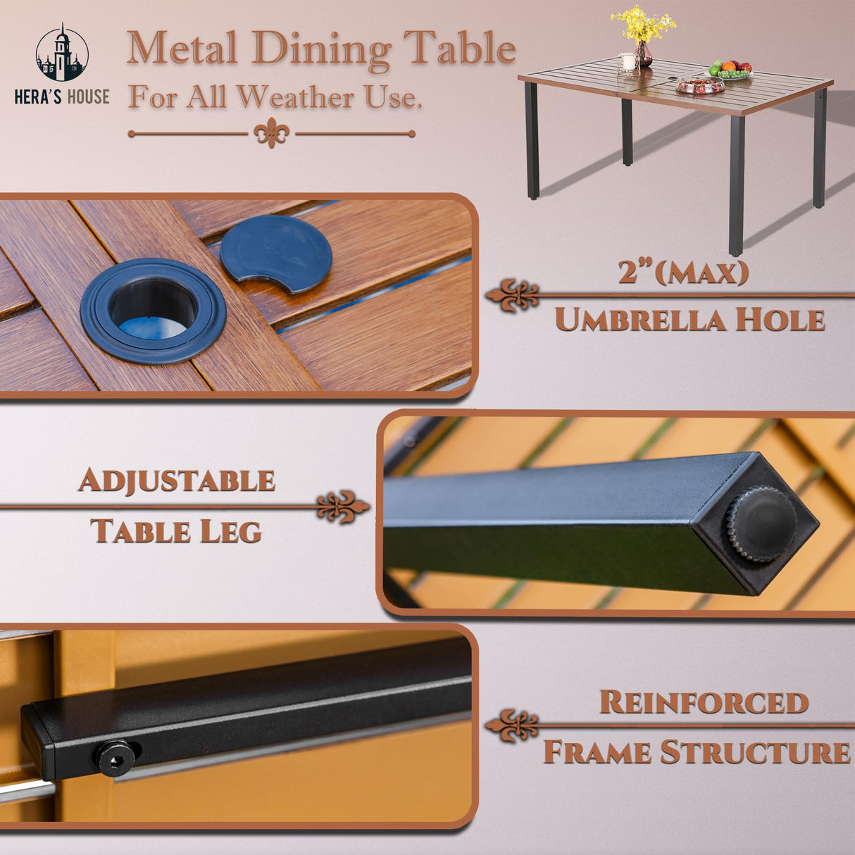 HERA'S HOUSE 7 Pieces Patio Dining Sets, 6 x Swivel Dining Chairs with Removable Cushions, 1 x Rectangular Wood-Like Dining Table, Outdoor Furniture Set for Patio Lawn Garden Porch HERA'S HOUSE