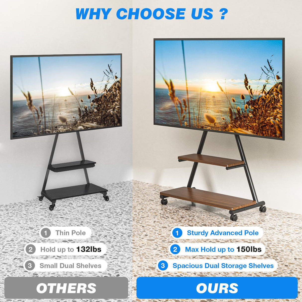 Rfiver Heavy Duty Rolling TV Stand for 43-80 Inch TVs up to 150lbs, Mobile TV Cart on Wheels with Dual Storage Shelves, Outdoor TV Stand with Tilt & Swivel Adjustment for Optimal Viewing Angles Rfiver