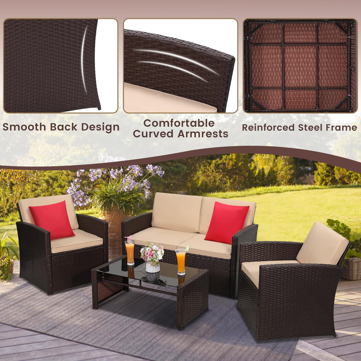 KROFEM 4 Pieces Patio Conversation Set, Outside Rattan Sectional Sofa, Cushioned Furniture Set, Wicker Sofa Ideal for Garden, Porch, Backyard, Brown Color Rattan and Beige Cushion KROFEM