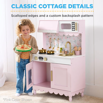 Best Choice Products Wooden Pretend Play Cottage Kitchen Kids Toy w/Storage, Scalloped Edge, 5 Accessories, Microwave, Oven, Clicking Knobs - White