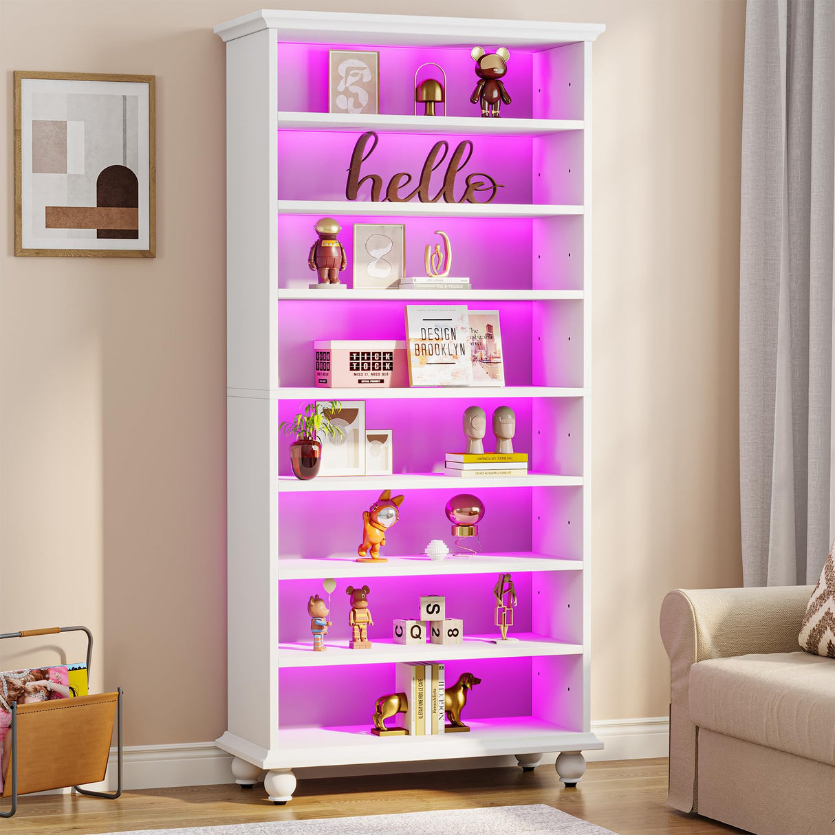 Tribesigns 69-Inch LED-Illuminated 9-Tier Modern Bookcase with Solid Wood Legs - White Tribesigns