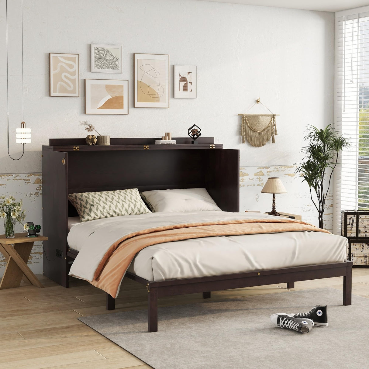 Ball & Cast Murphy Bed Queen Size,Wood Rattan Decoration Hideaway Cabinet Bedframe with Power Station,Wall Platform can be Folded up,Fold-Down Chest W/Drawer,for Apartment,Bedroom,Espresso Ball & Cast