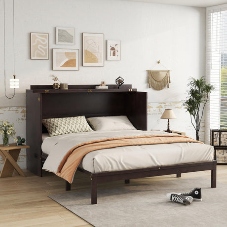 Ball & Cast Murphy Bed Queen Size,Wood Rattan Decoration Hideaway Cabinet Bedframe with Power Station,Wall Platform can be Folded up,Fold-Down Chest W/Drawer,for Apartment,Bedroom,Espresso Ball & Cast