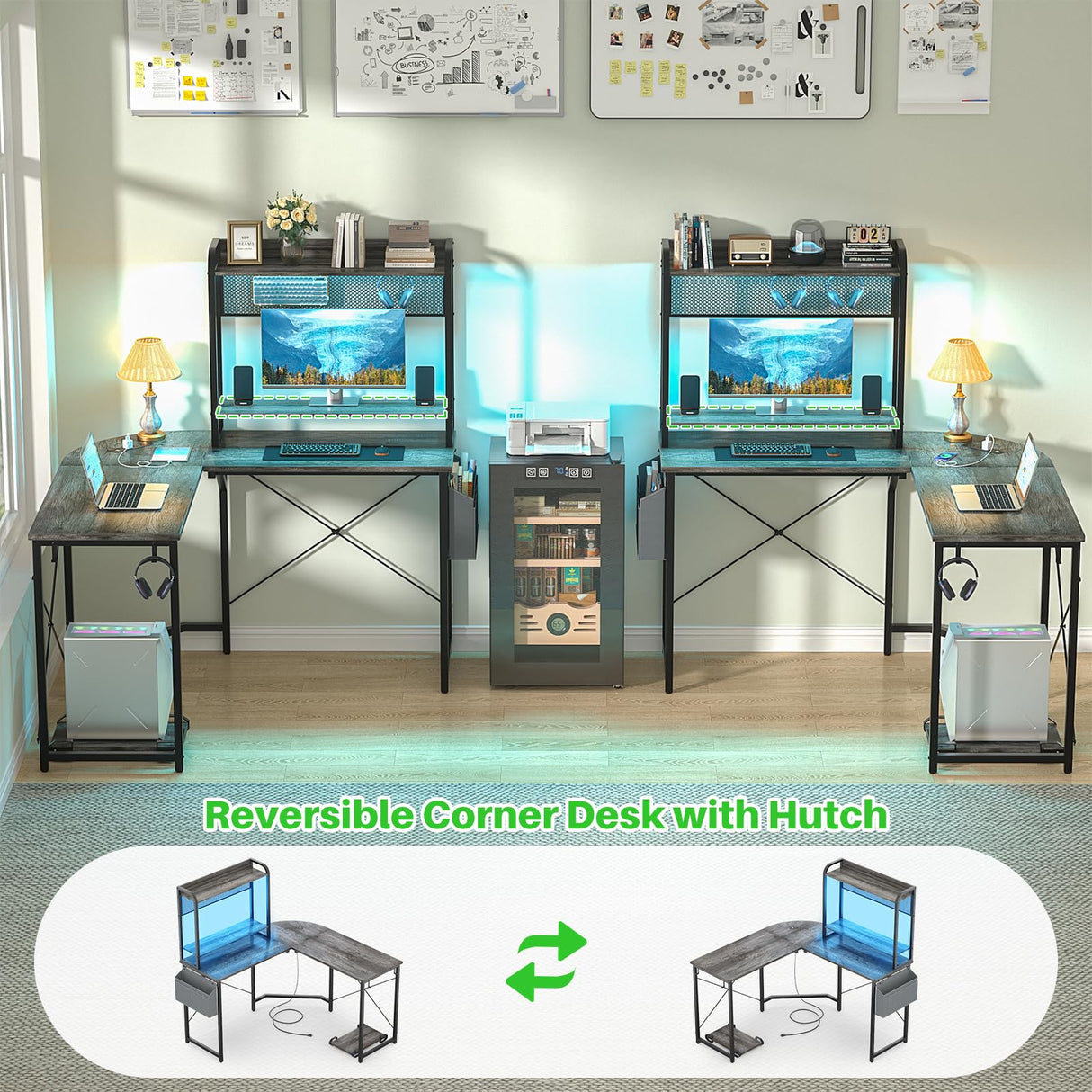 Small L Shaped Gaming Desk with Power Outlets, Corner Gaming Desk with LED Light, Reversible L-Shaped Desk with Monitor Stand & Hutch, L Shaped Desk Home Office Desk with Storage Bag, Grey Besiost