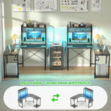 Small L Shaped Gaming Desk with Power Outlets, Corner Gaming Desk with LED Light, Reversible L-Shaped Desk with Monitor Stand & Hutch, L Shaped Desk Home Office Desk with Storage Bag, Grey Besiost