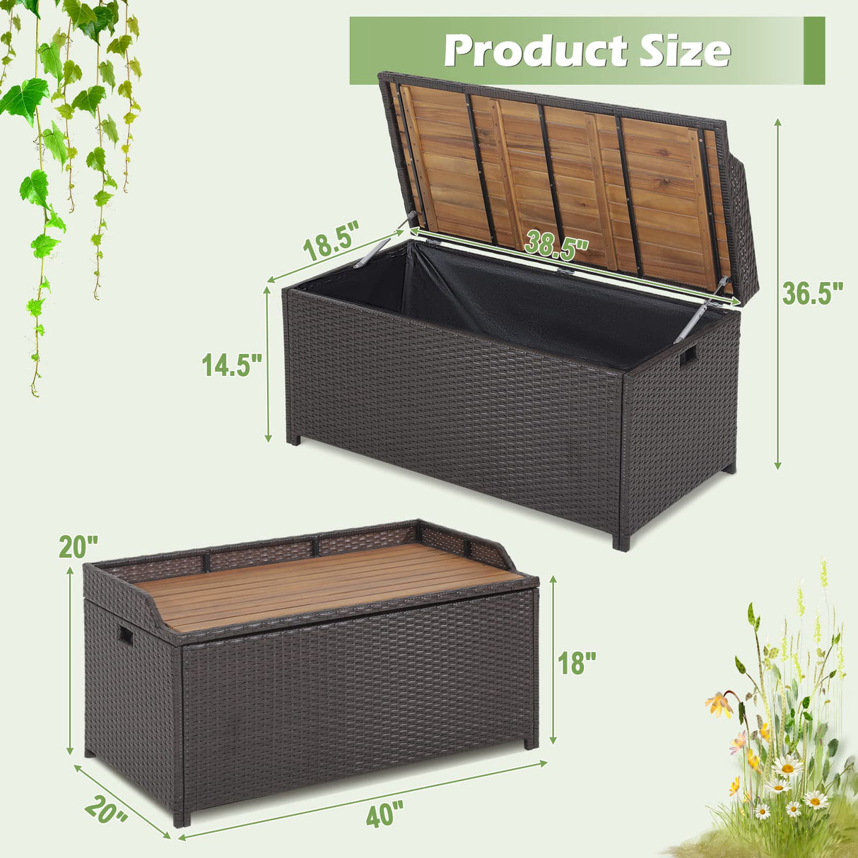Tangkula 45 Gallon Outdoor Storage Bench, Mix Brown Rattan Storage Container with Zippered Liner, Acacia Wood Top Lid, Sturdy Gas Strut Support, 3-in-1 Multifunctional Deck Box for Front Porch, Garden Tangkula