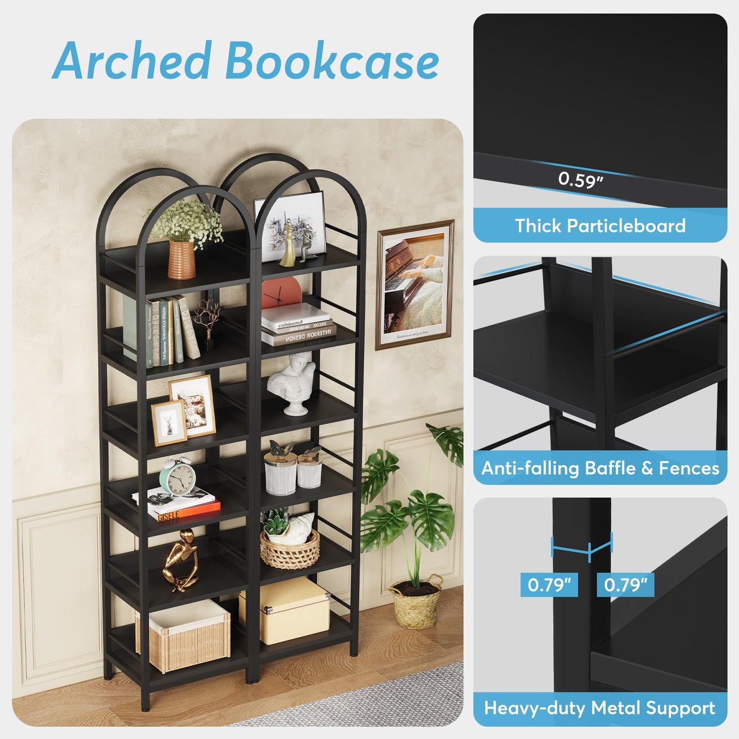 LITTLE TREE 6-Tier Open Bookshelf, 78.7" Tall Arched Bookcase, Black Wooden Bookshelf with Metal Frame, Freestanding Narrow Bookcase Display Shelves for Living Room, Bedroom, Office