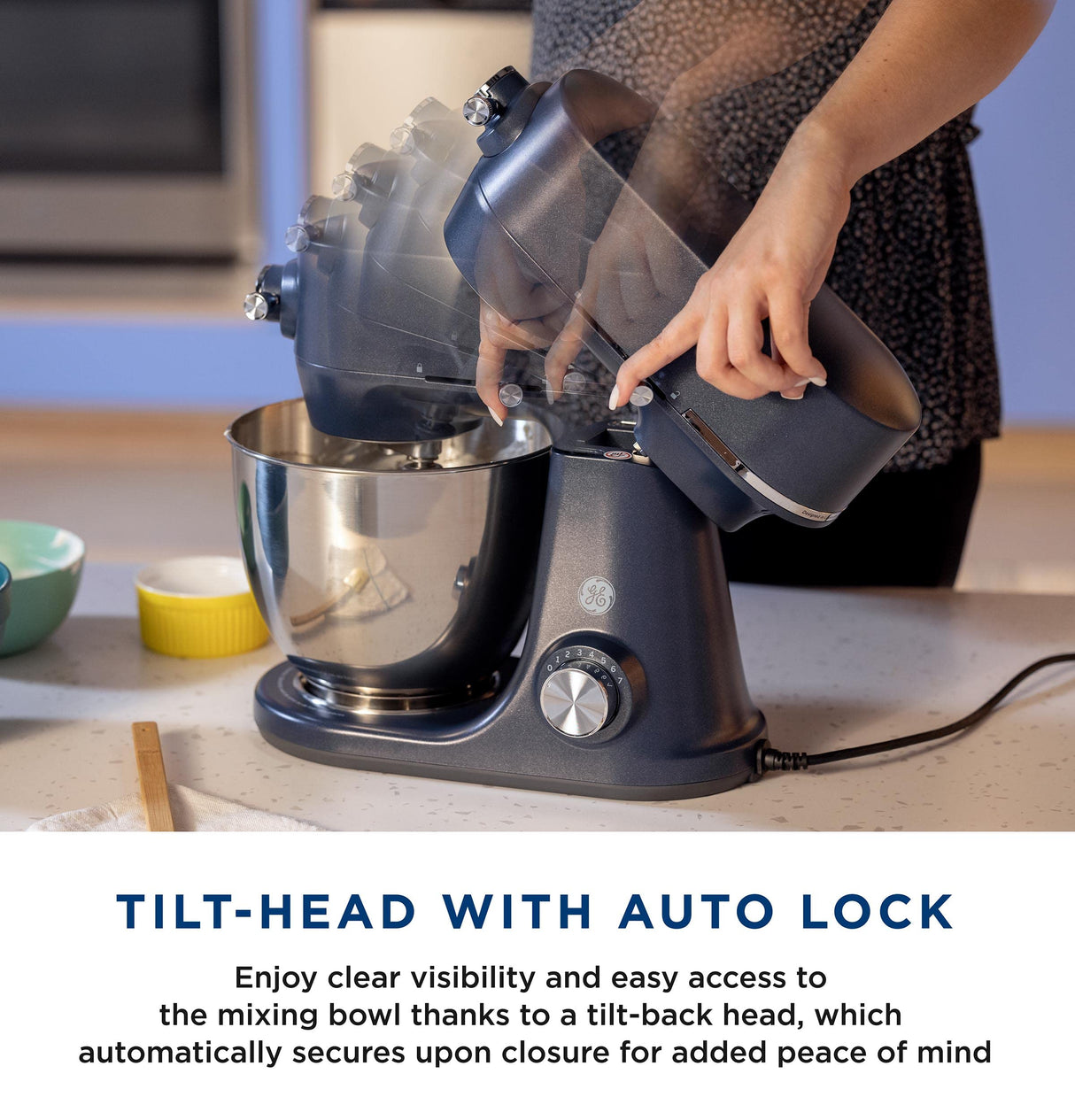 GE Tilt-Head Electric Stand Mixer | 7-Speed, 350-Watt Motor | Includes 5.3-Quart Bowl, Flat Beater, Dough Hook, Wire Whisk & Pouring Shield | Countertop Kitchen Essentials | Sapphire Blue GE