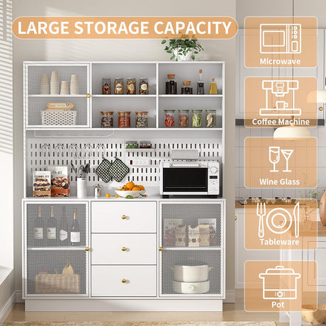 VOWNER Large Kitchen Hutch Cabinet with 3 Metal Doors & Pegboard, Pantry Storage Cabinet with Cup Holder & Power Outlet, Freestanding Cupboard for Kitchen, Dining Room (White) VOWNER