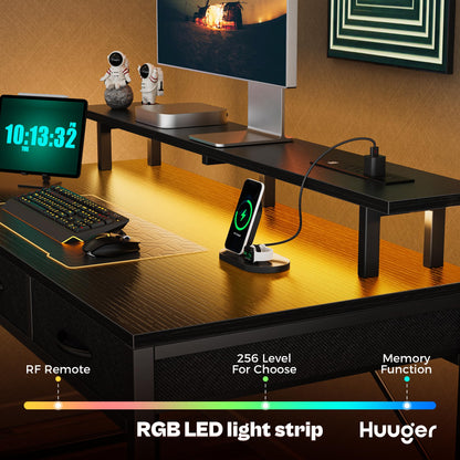 Huuger 47 inch Computer Desk with 3 Drawers, Office Desk Gaming Desk with LED Lights & Power Outlets, Home Office Desks with Storage Space for Bedroom, Work from Home, Black - WoodArtSupply