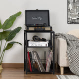 LELELINKY Black End Table, Small Side Table with Metal Frame,Modern Record Player Stand with Storage Shelf, Wood 3 Tier Sofa Bedside Tables, Narrow Nightstand for Living Room Bedroom Office LELELINKY