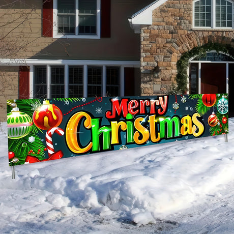 BlissYard Merry Christmas Fence Banner with Ornaments and Candy Cane Decor 78 x 17 Inch Outdoor Holiday Yard Lawn Decoration Home Front Door Christmas Decoration BlissYard