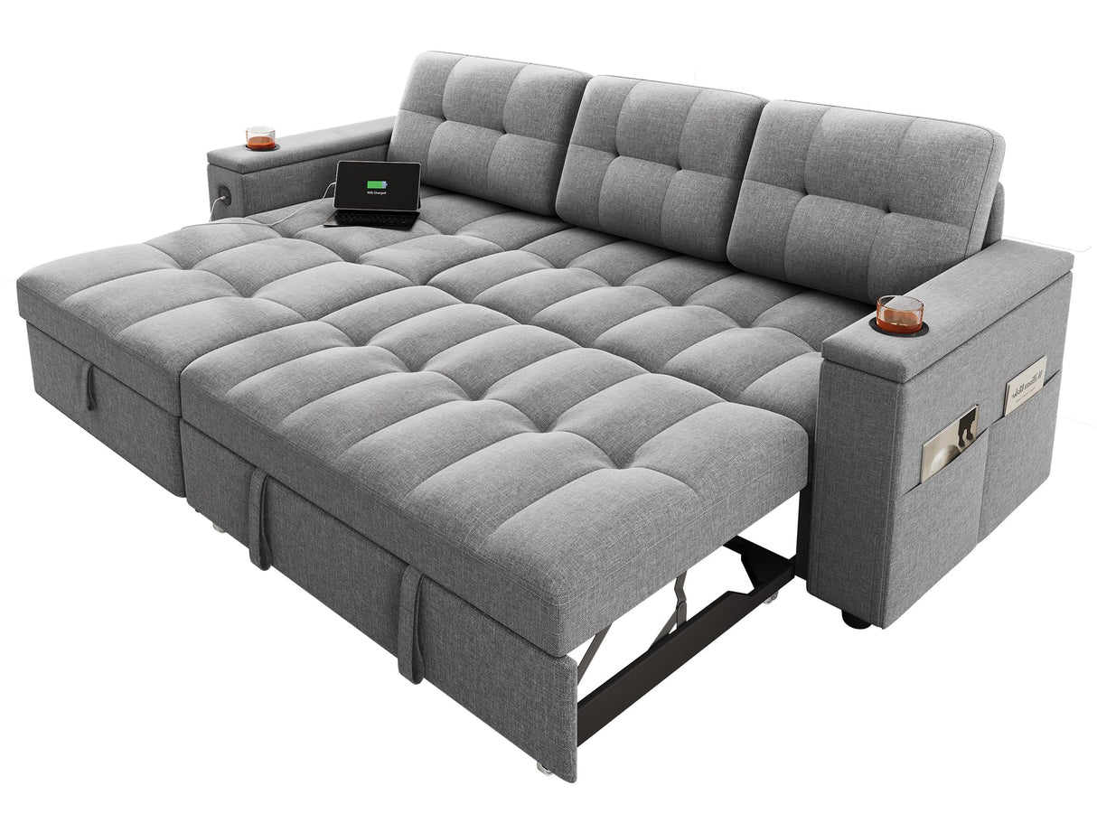 YITAHOME Sleeper Sofa, L-Shaped Sofa Couch w/Chaise & USB, 4-seat Fabric Convertible Couch Bed w/Pull Out Bed & Storage, Reversible Sectional Sofa for Living Room, Light Gray YITAHOME