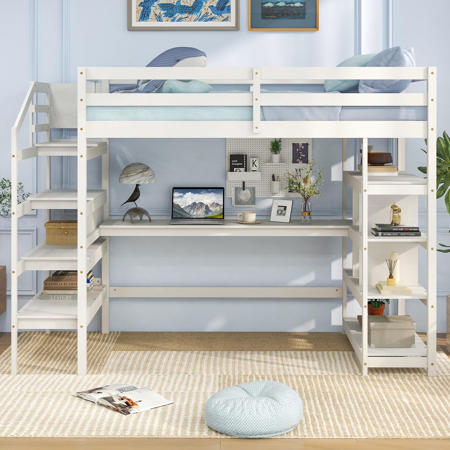 Giantex Twin Loft Bed with Desk & Storage Stairs - Solid Wood High Bed for Kids & Teens - White - WoodArtSupply