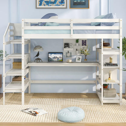 Giantex Twin Loft Bed with Desk & Storage Stairs - Solid Wood High Bed for Kids & Teens - White - WoodArtSupply