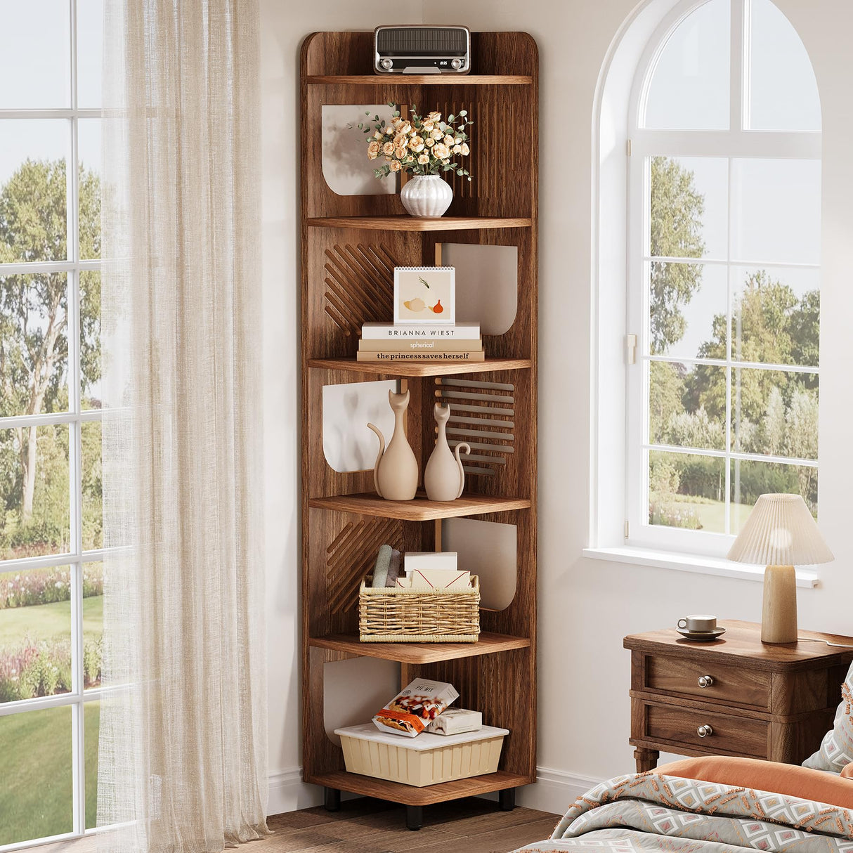 Tribesigns 6-Tier Corner Shelf Stand, 71-Inch Rustic Tall Narrow Corner Bookshelf Bookcase with Storage Rack, Corner Plant Stand Display Shelf Organizer for Living Room, Bedroom, Office Tribesigns