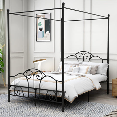 AUFANK Full Size Four-Poster Metal Canopy Bed Frame with Headboard and Footboard Sturdy Slatted Structure No Box Spring Needed Black AUFANK