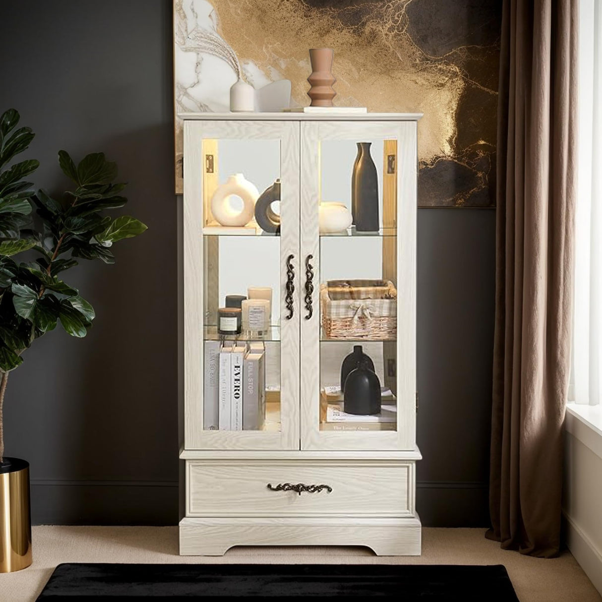 CKEASEAN Curio Cabinet 47" H Vintage Glass Display Cabinet with 3-Tier Adjustable Glass Shelves, Acrylic Mirrored Back Pane, Light Blub Included, China Cabinet for Living Room (White) CKEASEAN