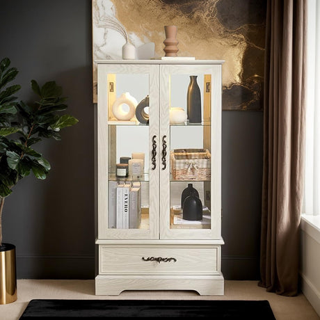 CKEASEAN Curio Cabinet 47" H Vintage Glass Display Cabinet with 3-Tier Adjustable Glass Shelves, Acrylic Mirrored Back Pane, Light Blub Included, China Cabinet for Living Room (White) CKEASEAN