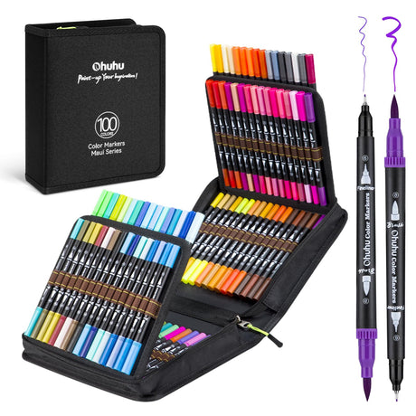 Ohuhu Markers for Adult Coloring Books: 100 Colors Brush Pens Dual Brush Fine Tip Drawing Pens Water-Based Coloring Markers for Calligraphy Bullet Journal with Carrying Case - Maui - Black Ohuhu
