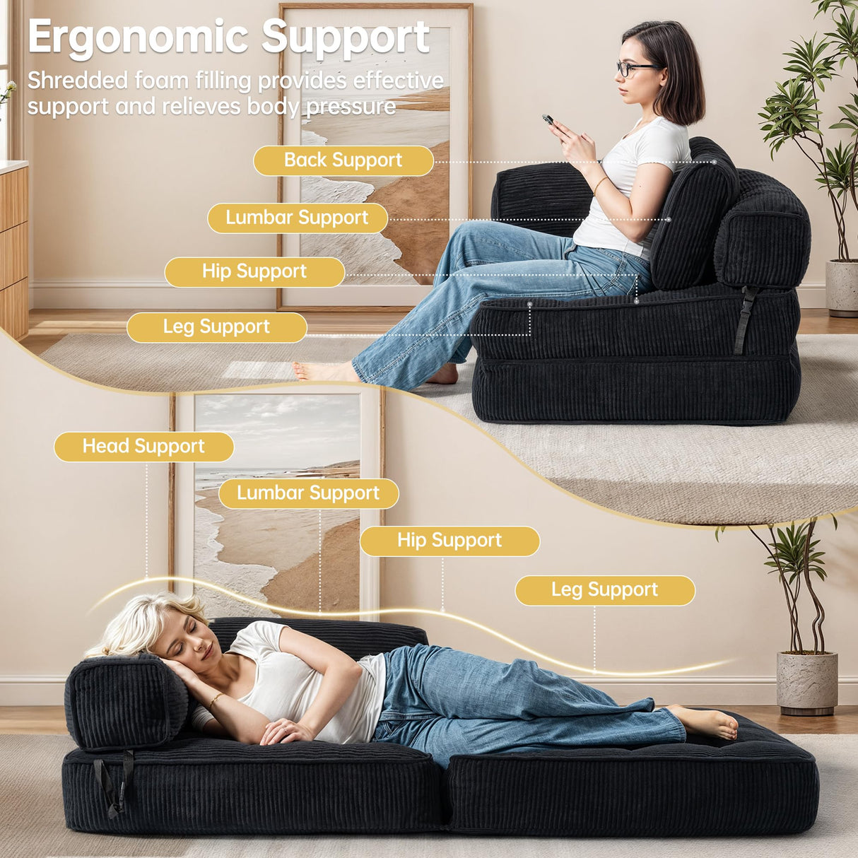 Airynee Convertible Folding Sofa Bed, L- Shaped Sleeper Chair Bed with Armrest and Pillow, Fold Out Sleeper Sofa, Comfortable Floor Couch for Small Spaces/Living Room/Bedroom, Single, Black Airynee