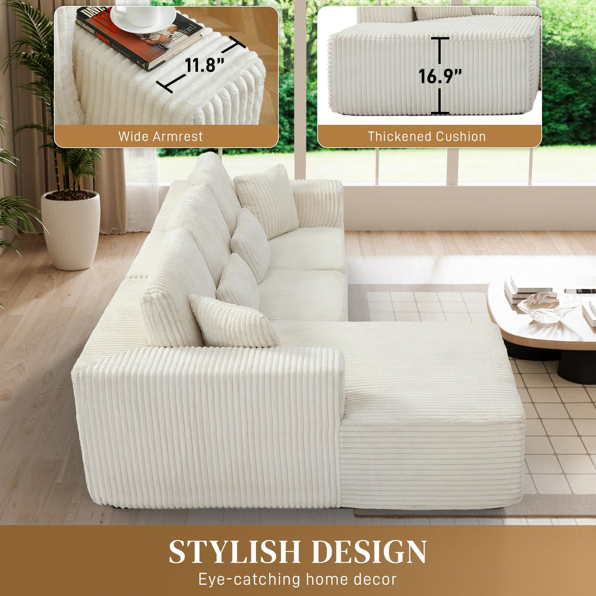 HYJT-H&K Modular Sectional Sofa Cloud Sectional Couch, 107" Comfy Fluffy L Shaped White Couches for Living Room, Deep Seat Memory Foam Plush Corduroy Boneless Couch Sectionals Left Facing Chaise Sofa HYJT-H&K