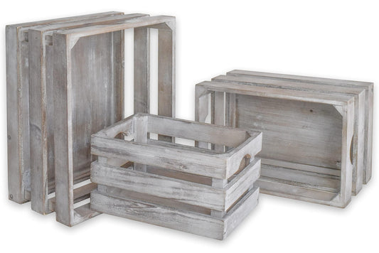 EMAX HOME Set of 3 Vintage Rustic Grey Wood Decorative Nesting Storage Crates with Handles, Farmhouse Rectangular Wooden Storage Container Boxes for Display