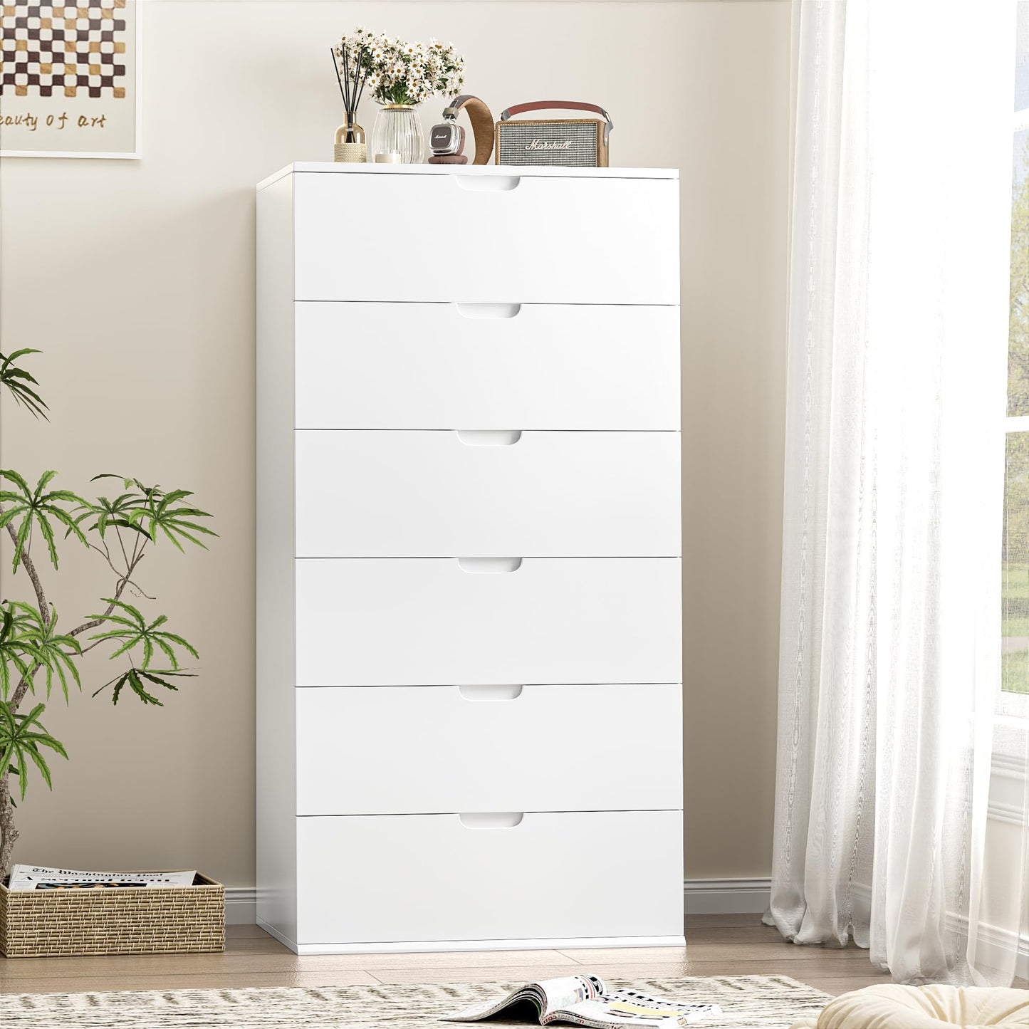 FOTOSOK White Dresser, Tall White Dresser with 6 Drawers, Modern Wood Chest of Drawers 6 Drawer Dresser with Large Capacity, 15.7" x 23.6" x 47" - WoodArtSupply