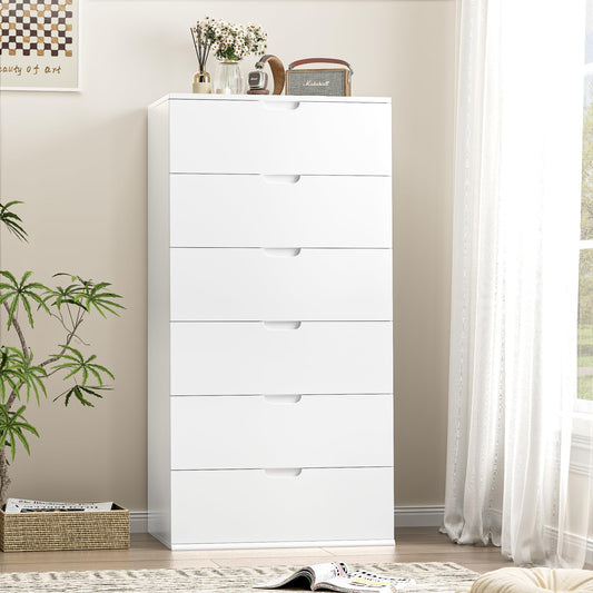 FOTOSOK White Dresser, Tall White Dresser with 6 Drawers, Modern Wood Chest of Drawers 6 Drawer Dresser with Large Capacity, 15.7" x 23.6" x 47"