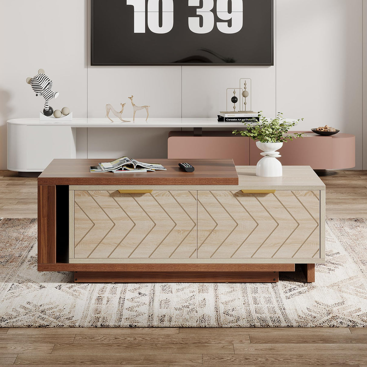Tribesigns Extendable Coffee Table, 42"-65" Length Adjustable Reversible Wood Coffee Table with 2 Storage Drawers for Living Room, Large Long Rectangular Dual-Tone Center Table, Walnut & Oak Tribesigns
