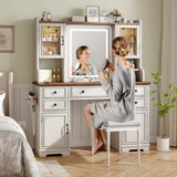 EnHomee Farmhouse Vanity Desk with LED Lighted Mirror, Makeup Vanity Table with RGB Cabinets and Lots Storage, 5 Drawers and 6 Storage Shelves for Bedroom and Dressing Room, White EnHomee