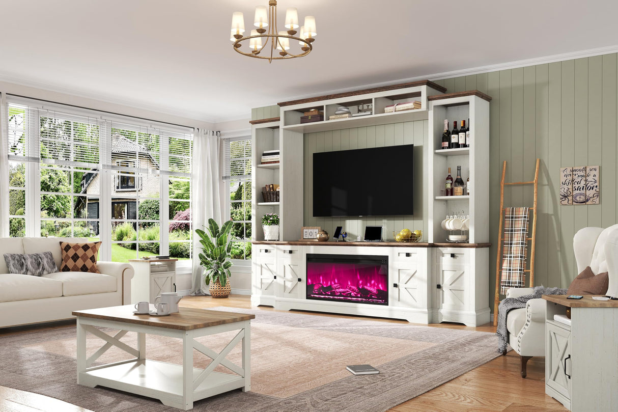 AMERLIFE 98in Farmhouse Entertainment Center with 36" Fireplace, TV Stand, Bookshelf, Wine Cabinet, Fits 78" TVs, Wall Unit Media Console with Power Outlets & Barn Doors, Living Room, Distressed White AMERLIFE